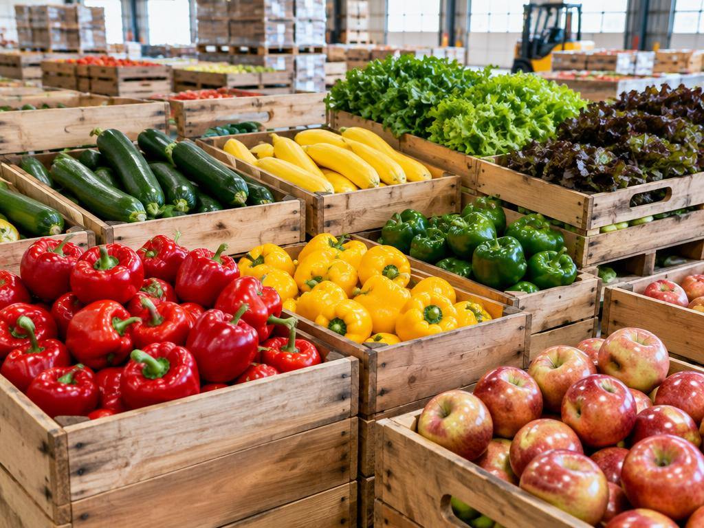 Crates of fresh produce in a distribution warehouse