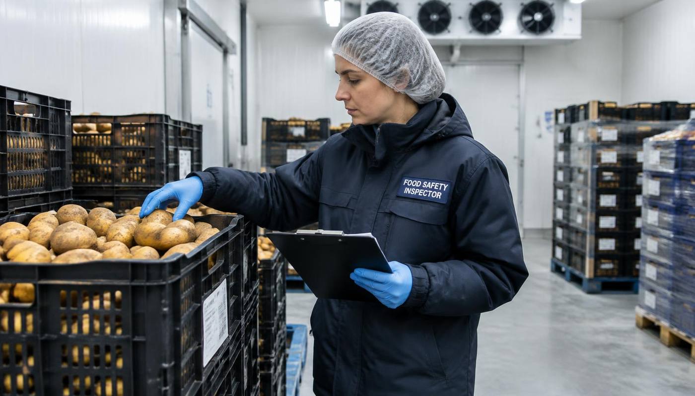 Food safety inspector reviewing crates of potatoes in cold storage