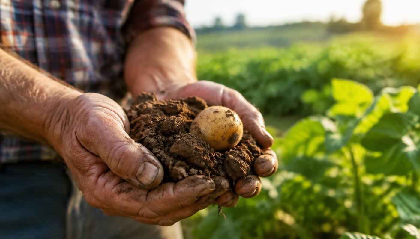 Hands holding soil in a produce field